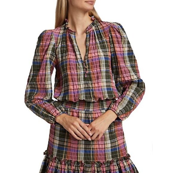 💕VERONICA BEARD💕 Destiny Crinkle Plaid A-Line Dress ~ Olive Green/Pink 8 NWT - Picture 6 of 16